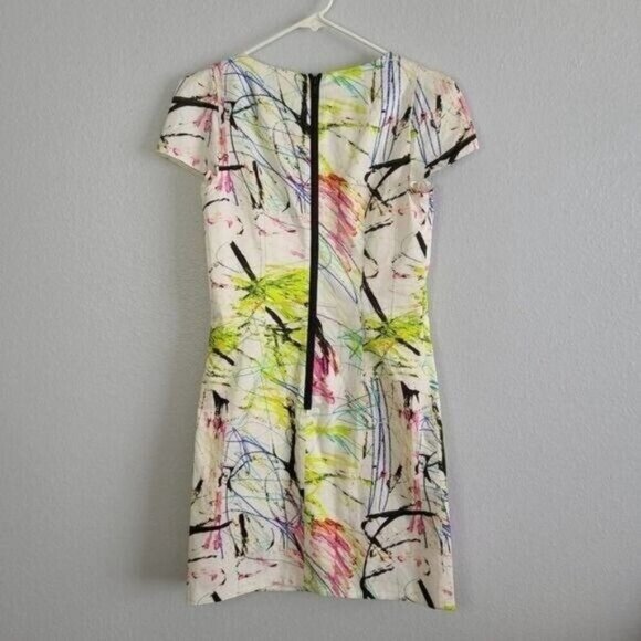 Milly of NY Multi Color Scribble Sheath Cocktail Mini Dress Size 2 Cap Sleeve - Picture 3 of 10